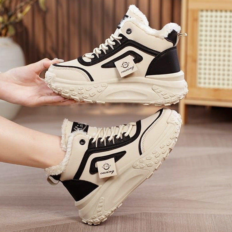 High-top women's shoes, new winter styles, trendy winter footwear, fleece-lined and thickened cotton shoes, cold-proof and warm, casual platform ankle boots