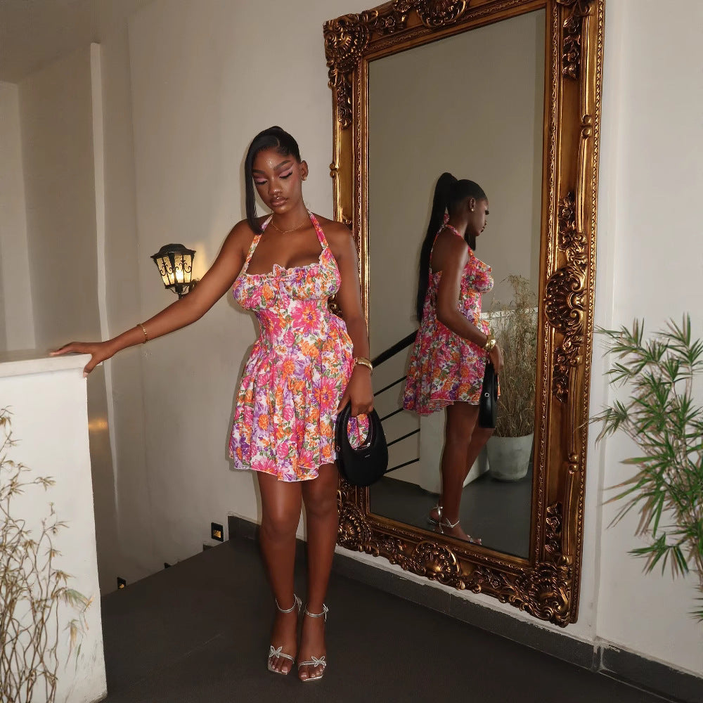 European and american style cross-border e-commerce women's fashion  casual knotted front printed dress african women's sexy dress