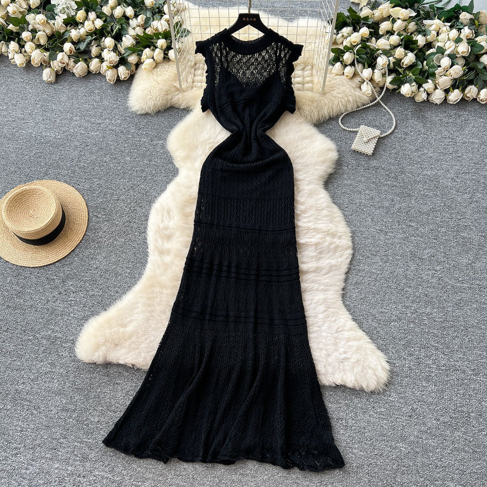 Korean style women's summer dress: soft & chic color block, flutter sleeves, cinched waist, slim fit, openwork crochet knit dress