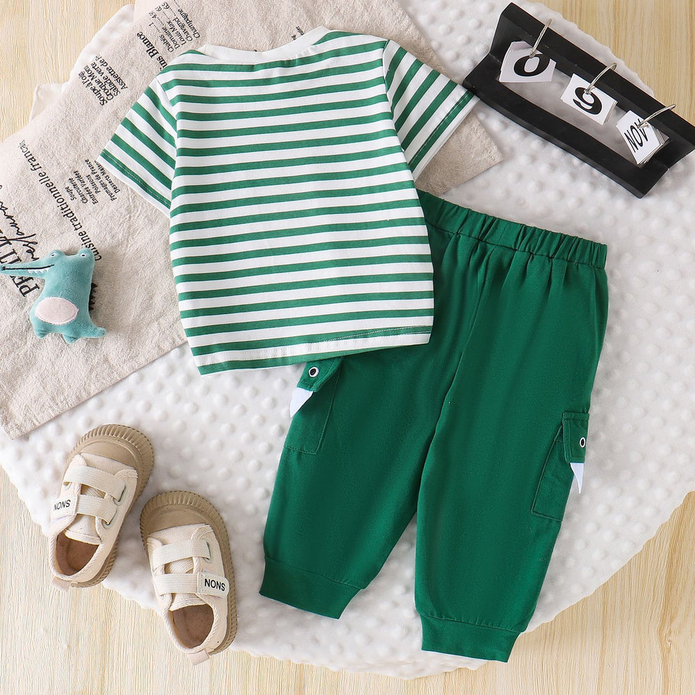 Amazon  spring/summer new kids' stylish and trendy baby green dinosaur cartoon striped short-sleeve and pants two-piece set
