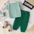 Amazon  spring/summer new kids' stylish and trendy baby green dinosaur cartoon striped short-sleeve and pants two-piece set
