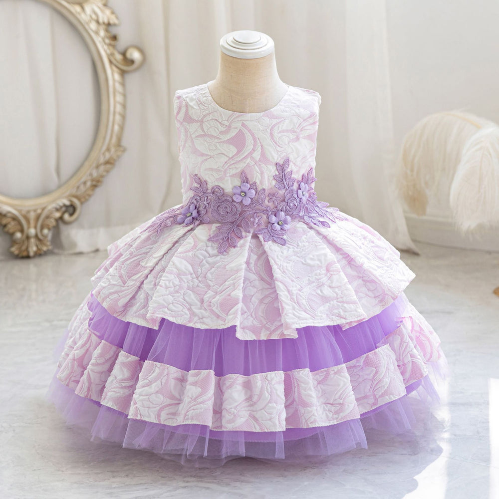 Wholesale children's dresses for export: lace floral tiered princess dress, baby girl's first birthday dress, evening gown
