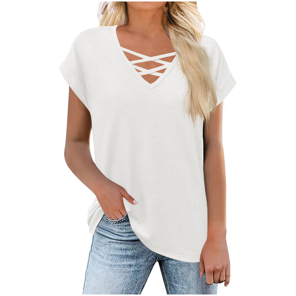 fashionexport cross-border  women's loose butterfly sleeve v-neck cross t-shirt tops short-sleeved shirt