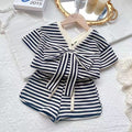Korean girls' summer  new fashion striped set: kids' bowknot short-sleeve t-shirt + shorts