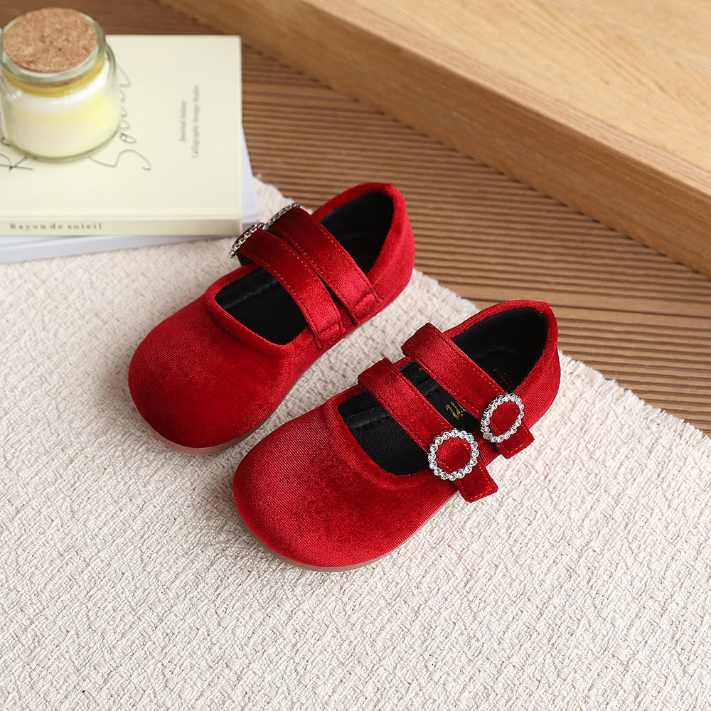 Vancahao girls' velvet princess shoes, new spring  collection: kids' double-row velcro moccasins, soft sole flats