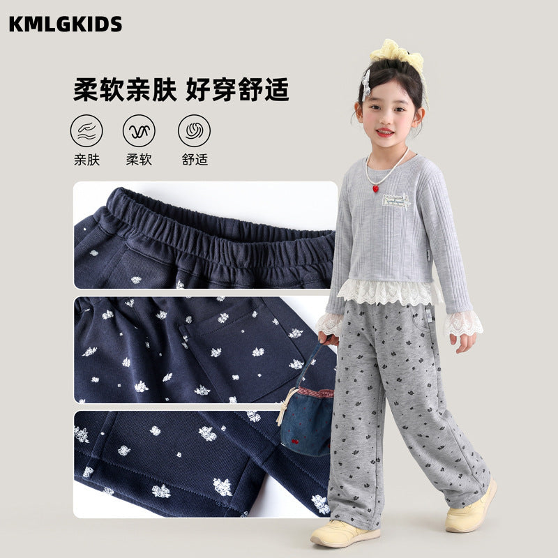 Girls'  autumn new arrival: all-over floral print embroidered straight-leg comfortable casual pants