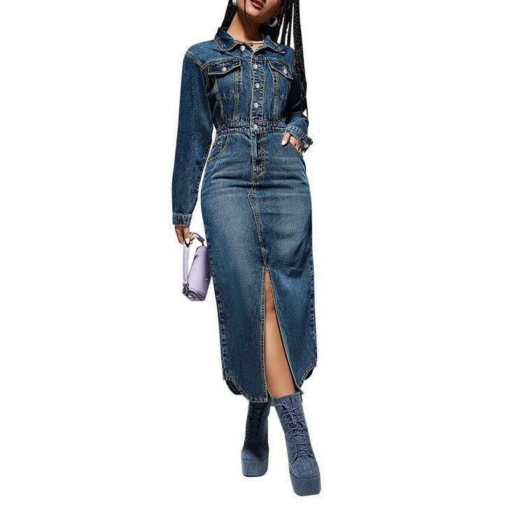Amazon independent station  cross-border women's lapel button long sleeves slit new arrival denim longdress