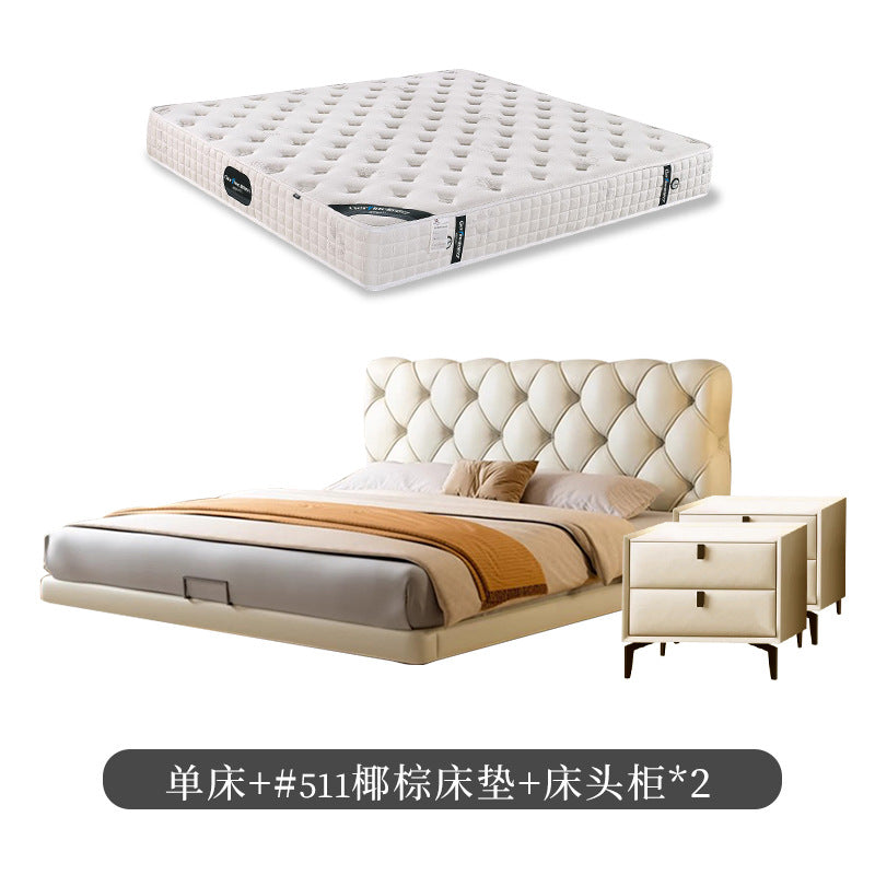 Foshan source factory genuine leather bed master bedroom classyelegant double soft leather bed cream style buckle suspended bed