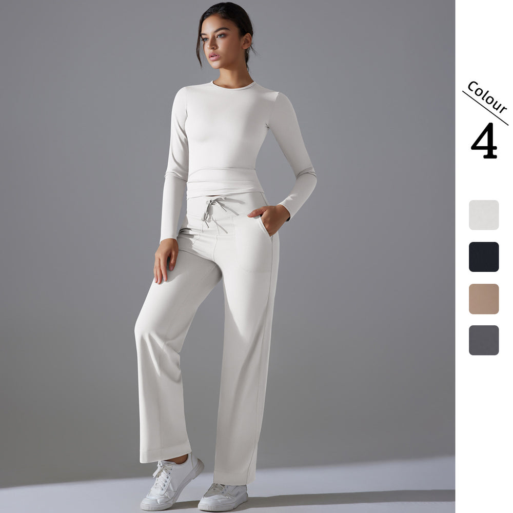 double-sided nylon pure colorlonglong sleeves yoga suit suithigh waist wide leg sports running fitness two-piece set