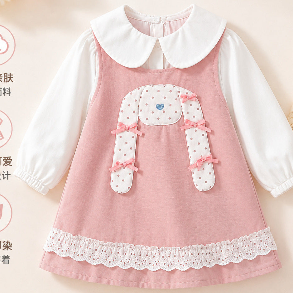Girls' dress - spring/autumn  new collection - baby girl faux two-piece doll collar princess dress - stylish bunny dress for toddlers
