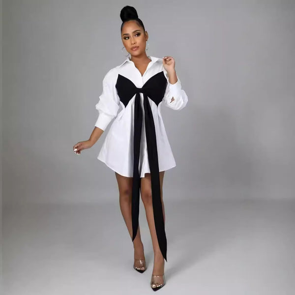 YZ1373 European and American  women's clothing   fashion casual shirt dress color matching chest dress