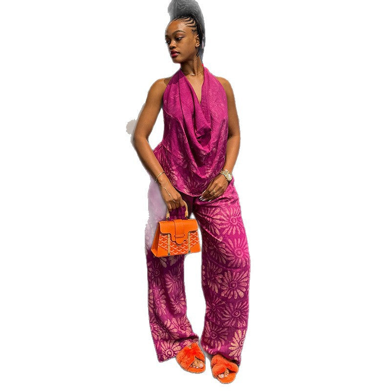 European and american style women's clothing  autumn new collection: sweet and fresh printed halter top shirt and high-waisted straight-leg pants two-piece set