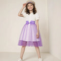 Girls' (tall) solid color short-sleeve polo collar dress with waist tie and mesh panel detail