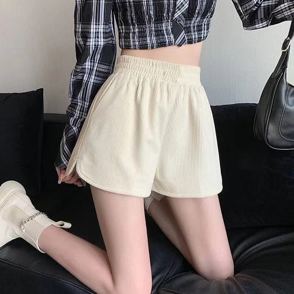2023 autumn and winter large size fat mm elastic waist shorts women's high waist corduroy thin wide feet pants black casual boots
