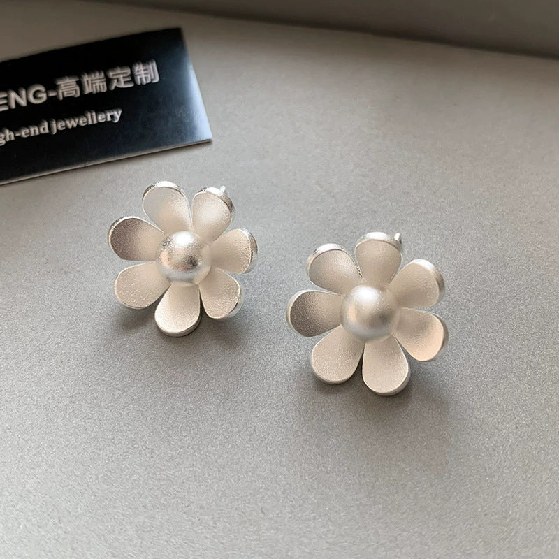 Niche style atmosphere retrostereo handmade brushed flower sunflower men's and women's earrings thick silver high quality earrings