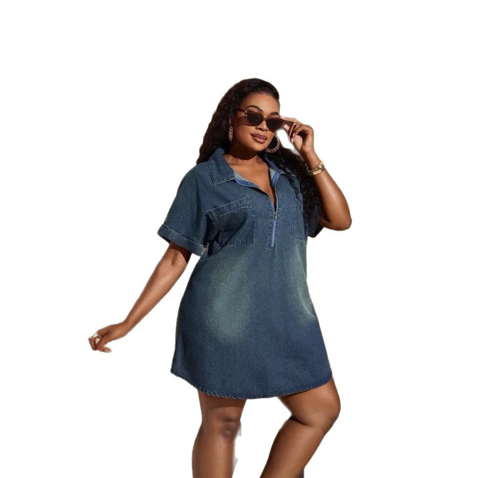 European and american cross-border independent station  summer new products lapel short sleeve loose dress denim shirt dress plus size