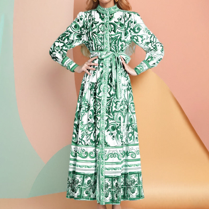 cross-border e-commerce european and american women's clothing: new summer collection - vintage lantern sleeve printed long-sleeve pleated dress