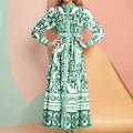 cross-border e-commerce european and american women's clothing: new summer collection - vintage lantern sleeve printed long-sleeve pleated dress