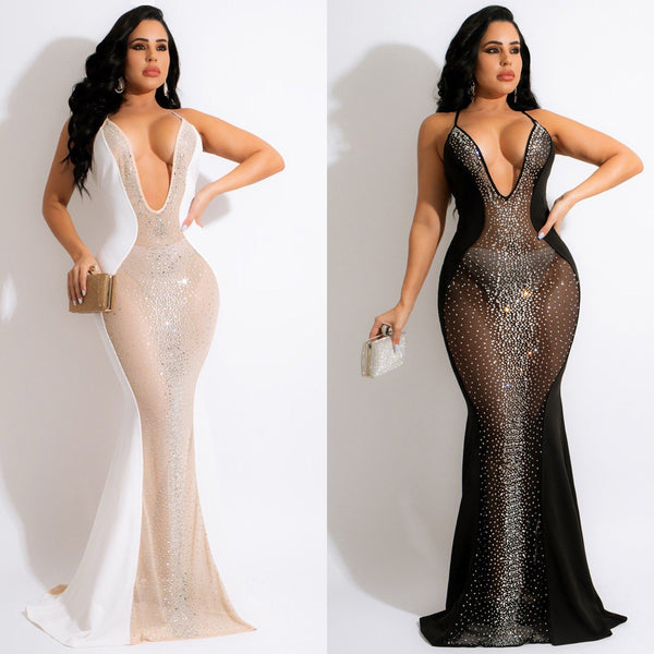 Spot! SK2287 hot-selling European and American sexy deep V hot diamonds, mesh yarn, jumpsuit, nightclub skirt