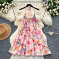 Vacation style halter neck floral, hot girl style dress for women summer dopamine a-line skirt gentle skirt pink sweet style