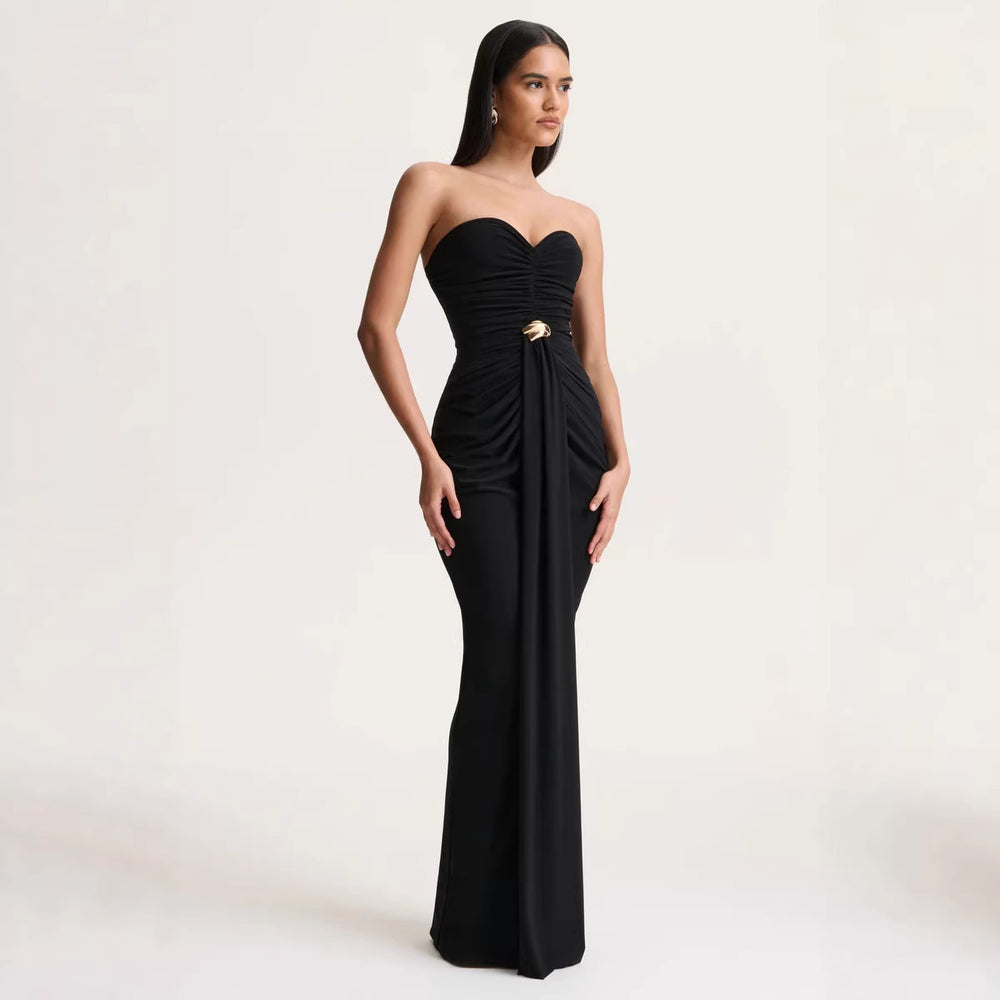 European and american women's clothing  spring new sleeveless ruched waist tie-up dress elegant slim-fit bandeau evening gown