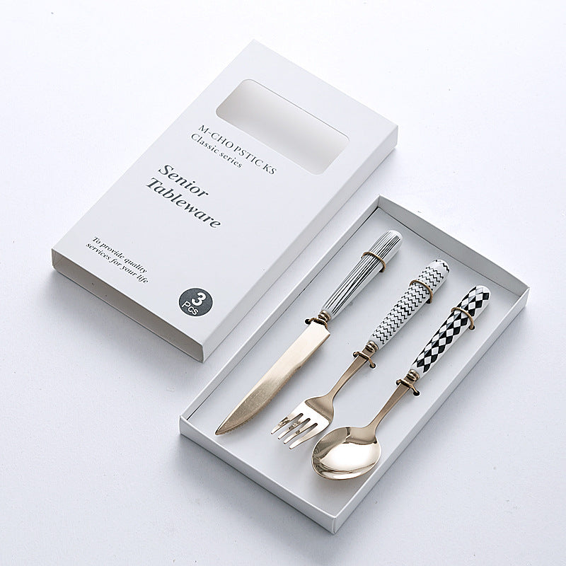 Retro hepburn style stainless steel tableware three-piece knife, fork and spoon set ceramic handle fork and spoon gift box gift wholesale