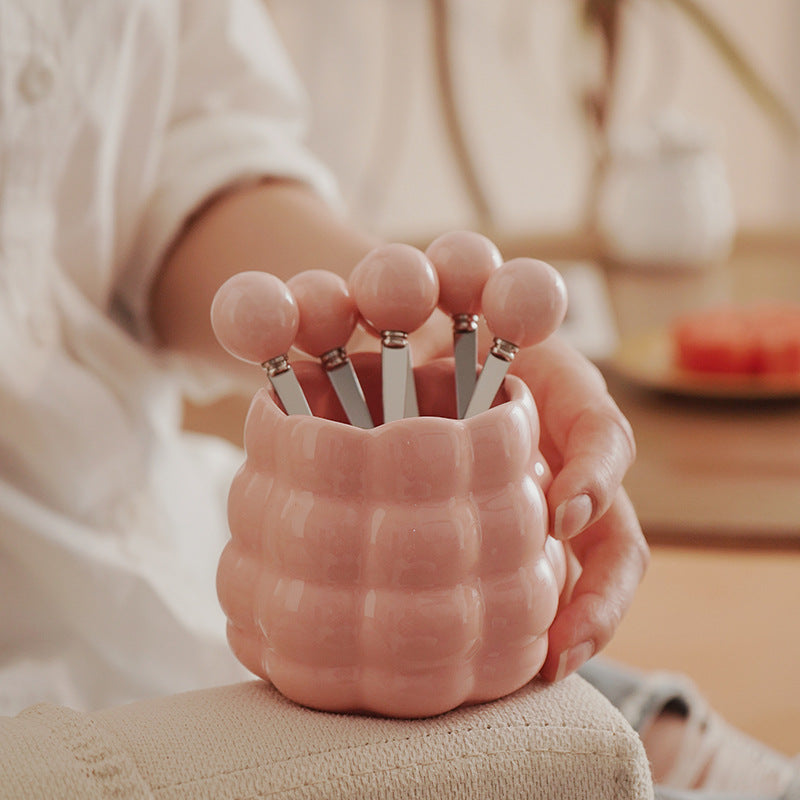 Cream style ceramic fruit fork light luxury set high appearance stainless steel fruit pick home decoration storage tube wholesale