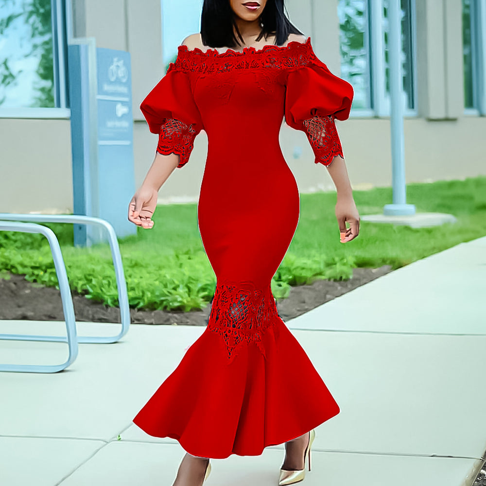 D3223 cross-border e-commerce  summer new arrival off-the-shoulder lace trim elegant mermaid dress evening gown european and american style dress