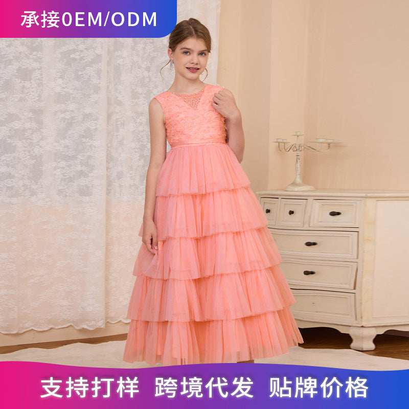 Custom girls' formal dresses, tiered cake dresses, long vest dresses, cross-border e-commerce, big & tall girls' dresses, french princess dresses