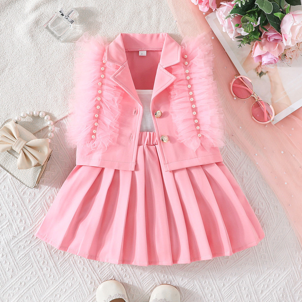 summer new girls' solid color feather beaded vest and pleated skirt set - sweet and playful three-piece outfit