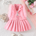 summer new girls' solid color feather beaded vest and pleated skirt set - sweet and playful three-piece outfit