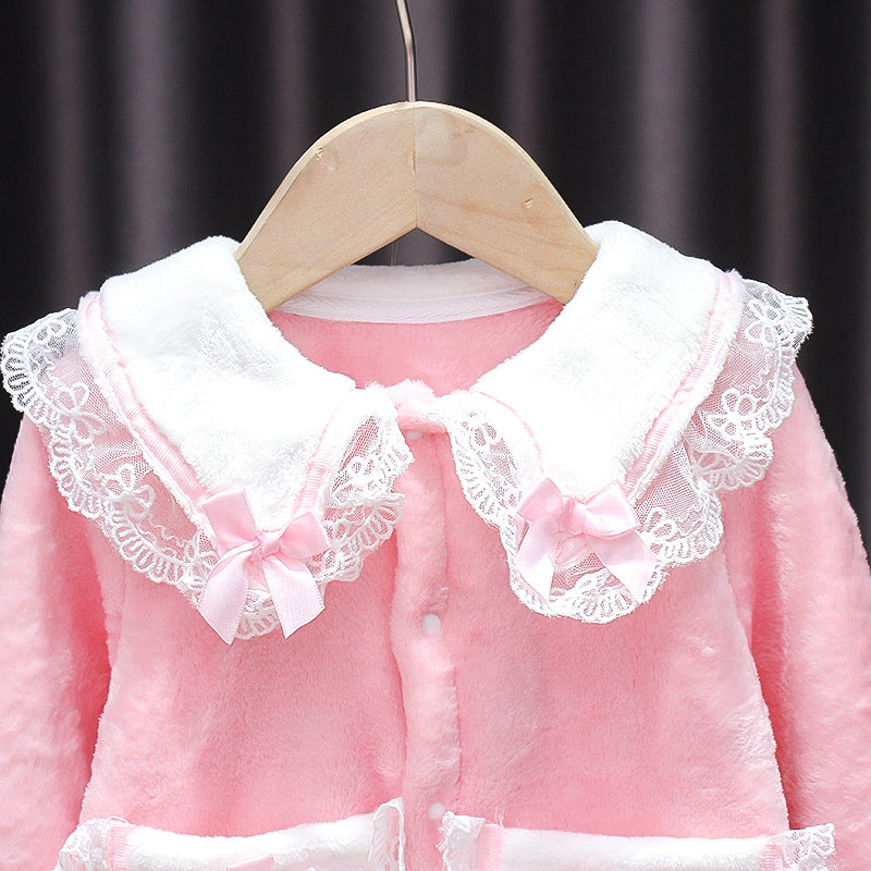 Baby girl's autumn/winter korean style flannel romper - princess style double-layer warm crawling suit for infants