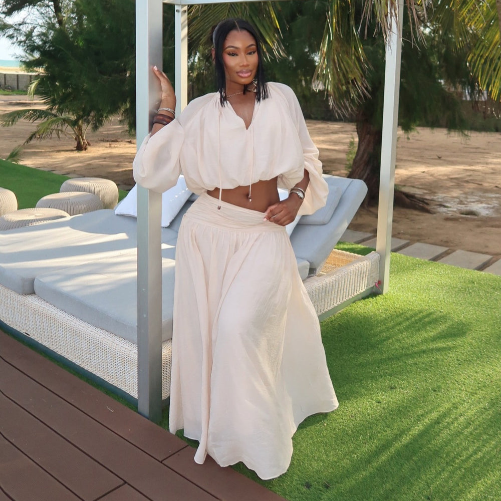 European and american cross-border women's fashion:  summer new collection - stylish lantern sleeve blouse and high-waisted midi skirt set