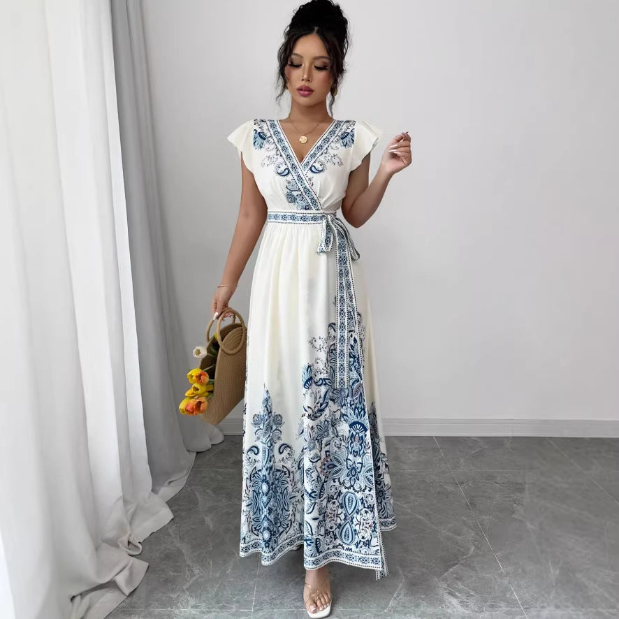 european and american cross-border new summer v-neck fitted patchwork dress