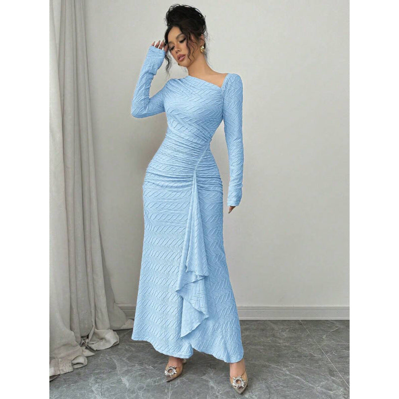 fashion  autumn new arrival elegance asymmetric slant neck waist ruffles long sleevesdress