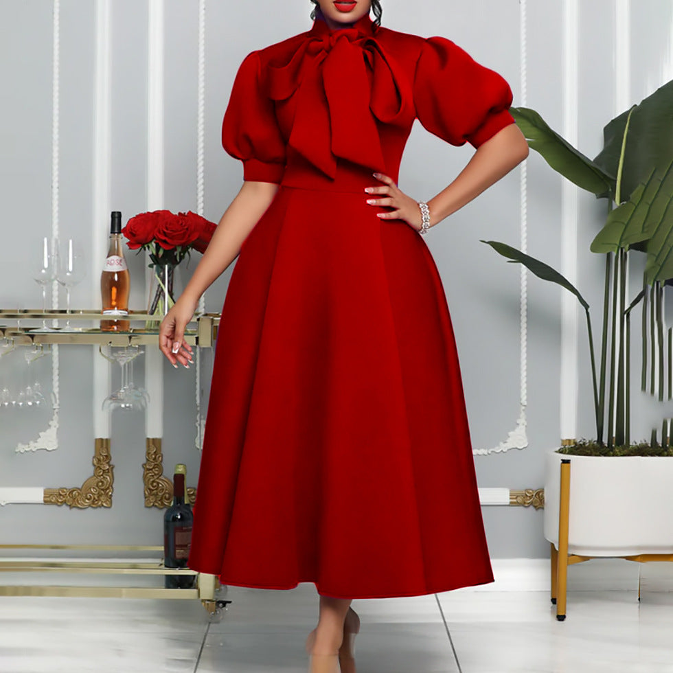 C8481 european and american style women's clothing  new arrival: elegant tie-up bow midi dress - african export