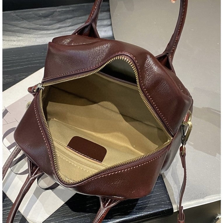 Korean ins genuine leather 2025new arrivalniche style boston bag women's casualeasiest for matchsatchel bag crossbody small square bag