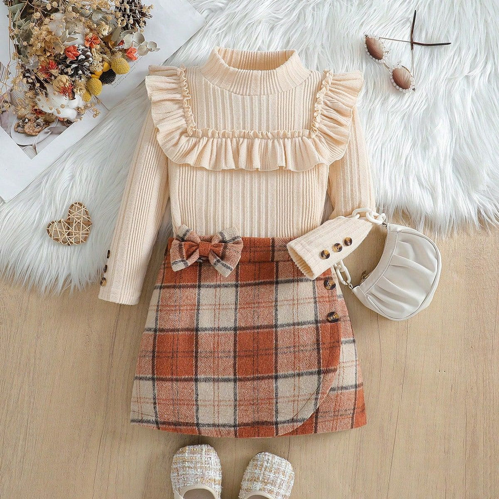 autumn new arrival: mock neck princess sleeve top + plaid skirt two-piece set