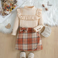 autumn new arrival: mock neck princess sleeve top + plaid skirt two-piece set