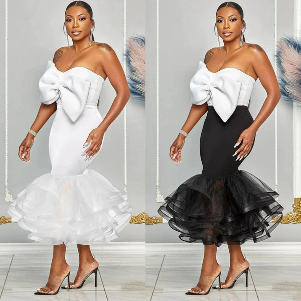 European and American women's clothing  new sexy slim-fitting contrasting color tube top off-the-shoulder three-dimensional bow mesh hip skirt set