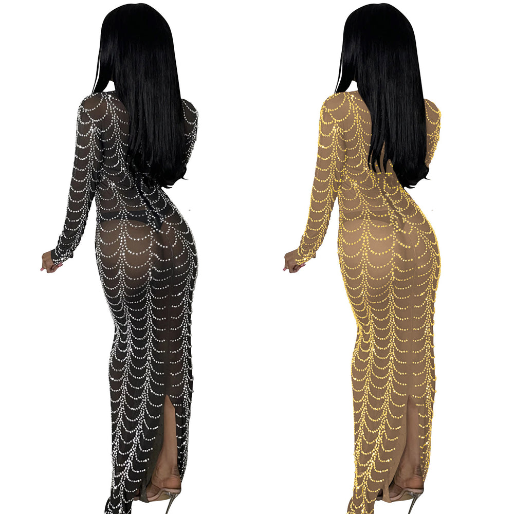 X5351   fashion new sexy nightclub rhinestone mesh see-through long sleeve dress