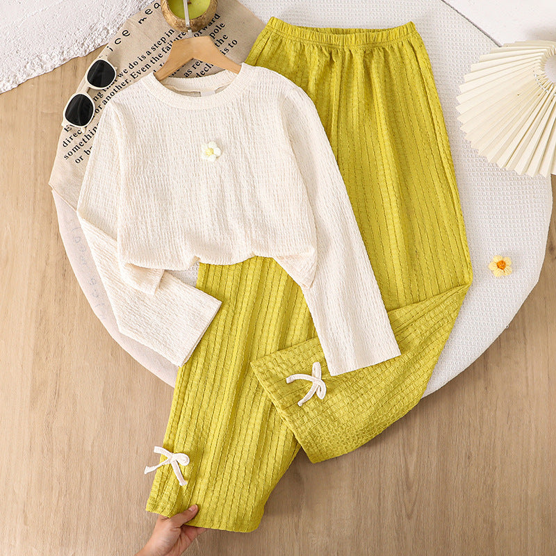 Girls' outfit: cross-border children's wear,  autumn new collection, 3d floral long-sleeve top and bow-tie pants two-piece set