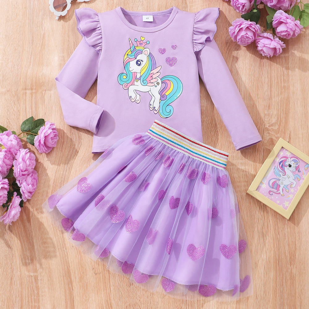 New girls' long-sleeve crewneck unicorn top + mesh heart skirt set