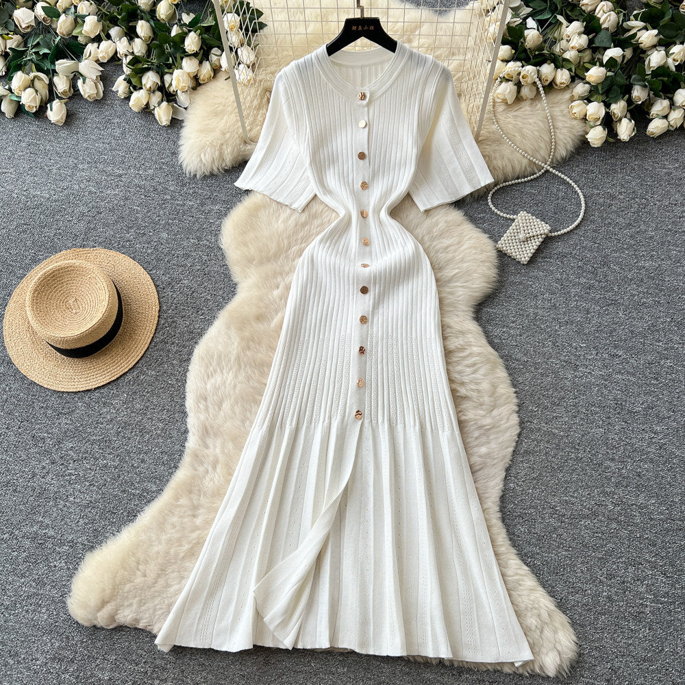 Korean style commute hollow-out green a-line dress - women's summer short sleeve high-waisted button-down elegant knit dress