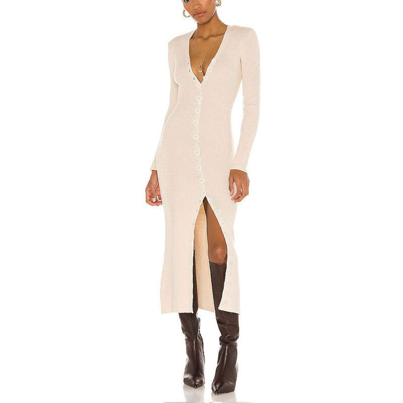 cross-border women's knitted long-sleeve single-breasted dress v-neck slim-fit maxi dress