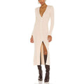 cross-border women's knitted long-sleeve single-breasted dress v-neck slim-fit maxi dress