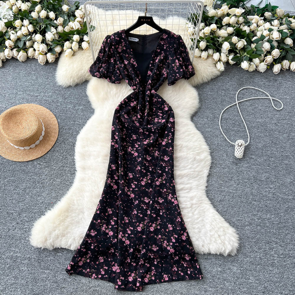 French romantic print bubble sleeve dress - women's summer mesh panel slim fit mermaid maxi dress