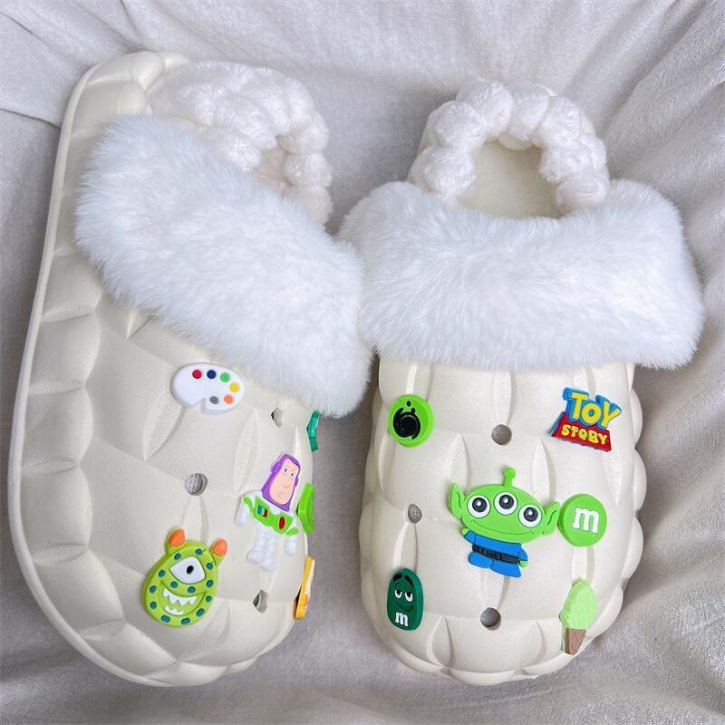 2025 cotton slippers - removable & washable, women's winter home & outdoor wear, thick sole, closed heel, fleece-lined, cartoon design, warm & cozy