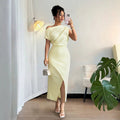 fashionsummernew arrival off-white oblique shoulder twist dress waist slit elegant mid-length dress