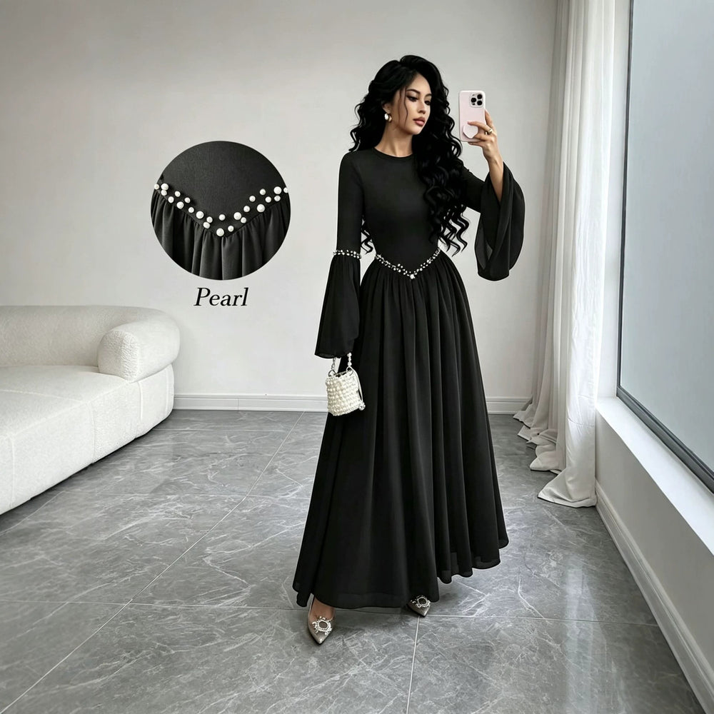 cross-border fashion women's french elegant solid color round neck slimming flared sleeve long sleeve dress